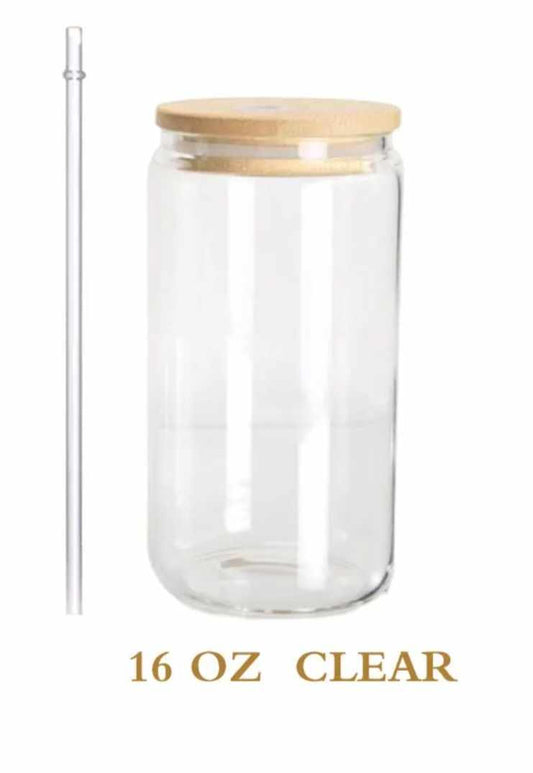 16oz Beer Can Glass with Bamboo Lid and Plastic Straw
